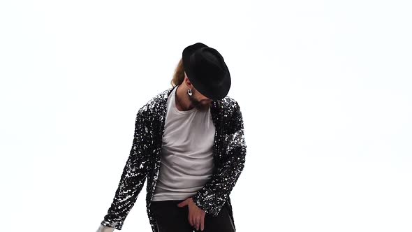 Young Stylish Teenager Is Showing Dance Moves Like Michael Jackson. Isolated Over White Background