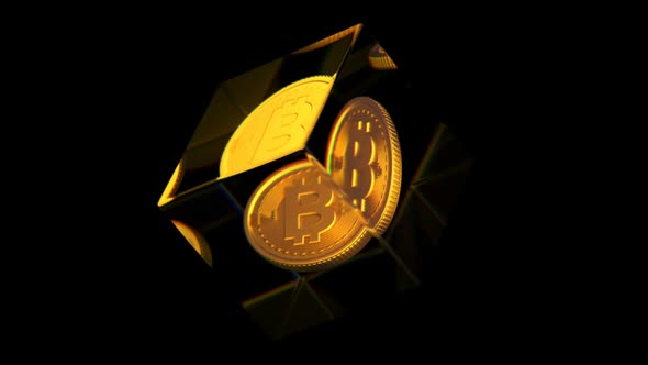 Digital Cryptocurrency Bitcoin in a Glass Cube on Dark Background
