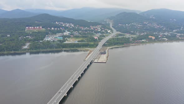 Drone View of a Modern Lowwater Bridge Across the Sea in Vladivostok