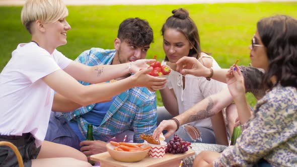 Friends with Drinks Eating Food at Summer Picnic 