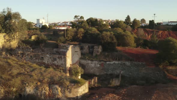 Aerial drone view of the abandoned mines of Mina de Sao Domingos, in Alentejo Portugal