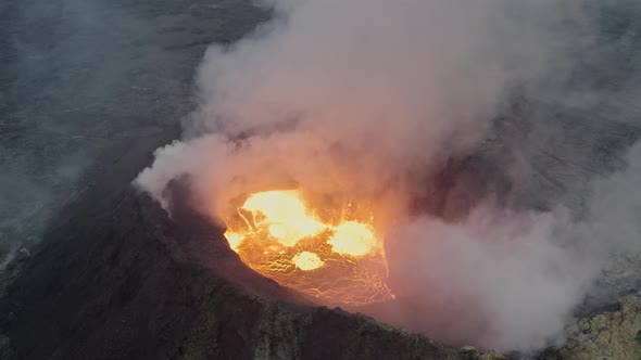 Drone Shot Of Smoke And Lava From Erupting Volcano