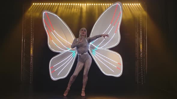 An Attractive Woman in the Form of a Butterfly with White Wings Behind Her Back Sings on Stage. Slow