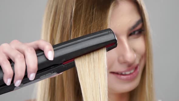 Closeup of Blonde Hair Straightening