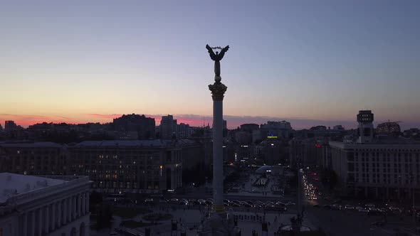 Independence Square at Night. Maidan. Monument. Aerial. Kyiv. Ukraine