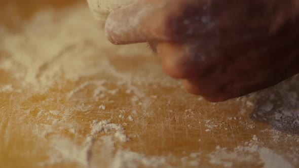 Chef With Flour Make Pasta. Baker’s Hands On Cuisine Preparing Bread Or Pie. Italian Food.