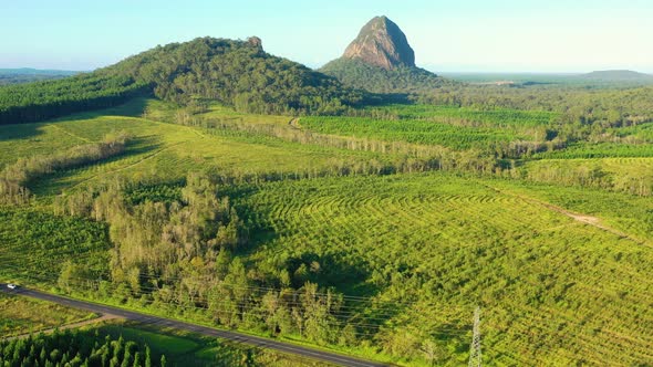 Aerial view of the Glass House Mountains, Sunshine Coast Hinterland.