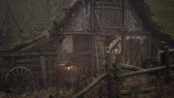 Old Rural Abandoned Wooden Village Under Cloudy Sky in Autumn Season alt