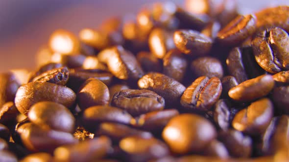 Close Up of Roasted Coffee Beans Spinning Seeds of Coffee