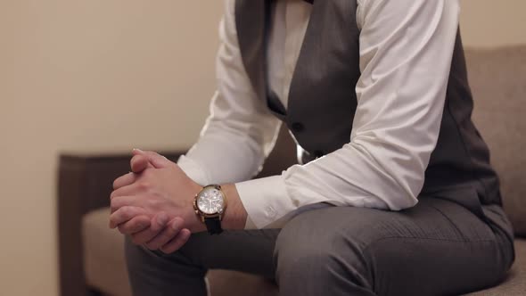 Man Put on Wrist Watch Groom Dresses Male Businessman Waiting for Meeting Hand with Clock