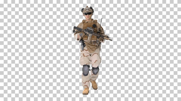 US Army soldier in combat uniform walking, Alpha Channel