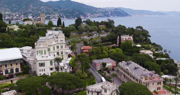 Luxury Hotel Buildings on Coastline near Portofino, Genoa, Italy - Aerial