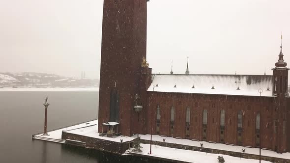 Establishing shot of historic City Hall in Stockholm, Sweden on cold winter's day.