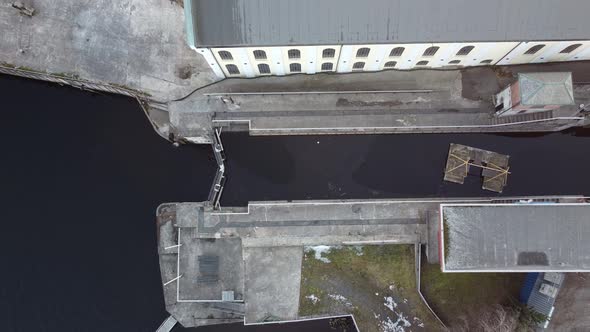 Water sluice top down aerial view from Telemark channel in skien Norway - Skien sluice birdseye view