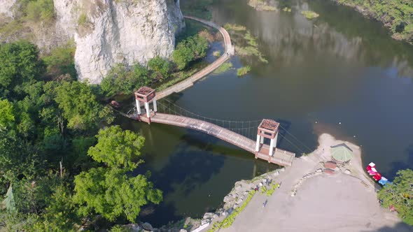 Aerial view of Khao Ngu Stone. National park with river lake, mountain valley hills