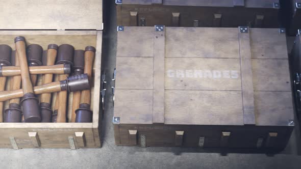 Military boxes with grenades. Huge stack. Warehouse. Endless animation. 4KHD