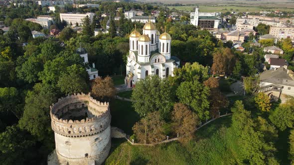 Aerial Shot The City Ostroh. Ostorg Castle. Theological Cathedral. Ukraine