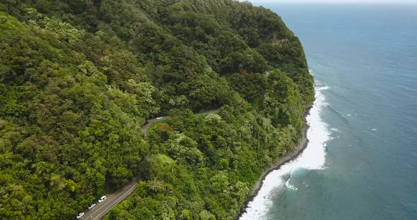 An aerial shot of the road to Hana in Maui. Showcasing the blue coast line beside the lush forestry