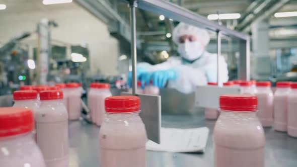 Person Works with Yogurt Bottles at a Plant