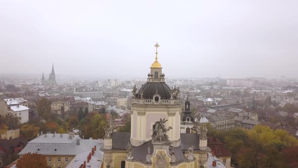 Aerial view of the Saint George's Cathedral in Lviv, Ukraine