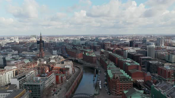 Aerial Dolly View of Hamburg Urban City Center By Elbe River with Residential Buildings with Green