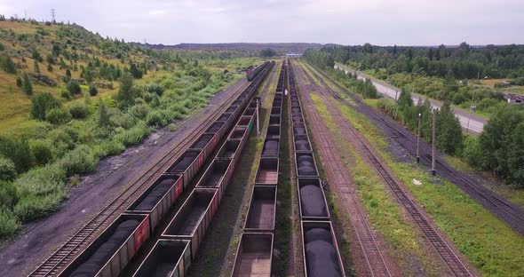 Coal Transportation by Railroad Cars, Aerial View.