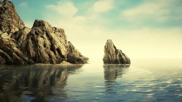 Summer View of Sea Caves and Rock Cliffs