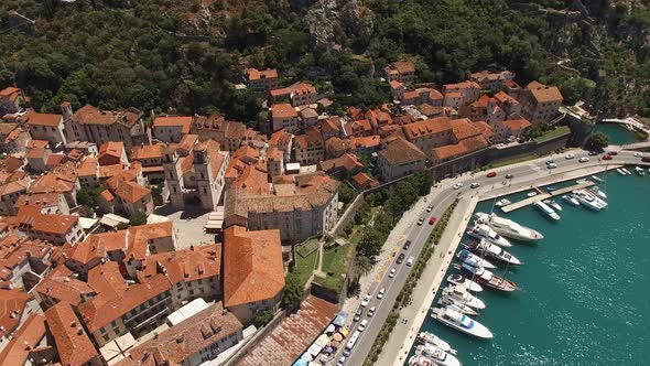 Panoramic View From a Drone of the Old Town of Kotor and Yachts Near the Coast