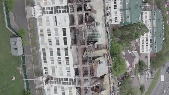 Vertical Video of a Building Destroyed By War in Ukraine