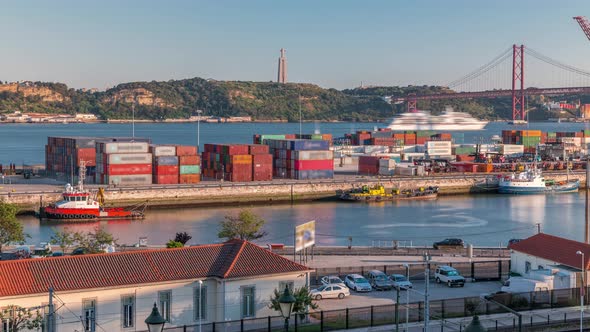 Skyline over Lisbon commercial port timelapse, 25th April Bridge