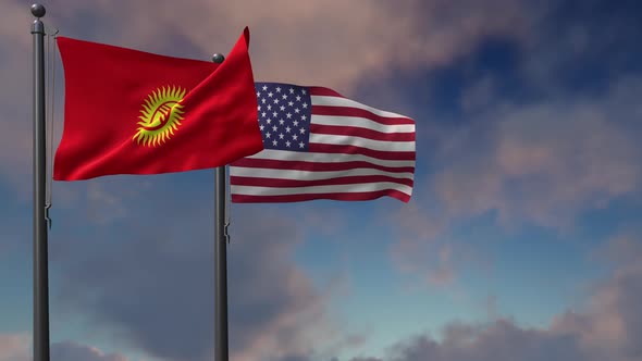 Kyrgyzstan Flag Waving Along With The National Flag Of The USA - 4K