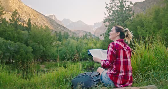 Woman Enjoys Mountain View. 4 Slow Motion Traveler in Scenic Outdoor Landscape