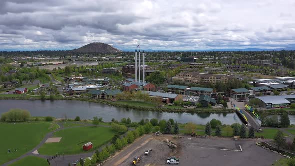 Aerial view of Bend Oregon flying along the Deschutes River