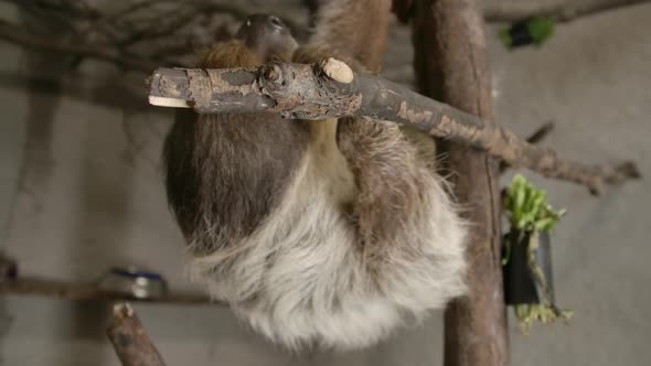 A two toed sloth hanging in a tree close to the camera slow motion cinematic