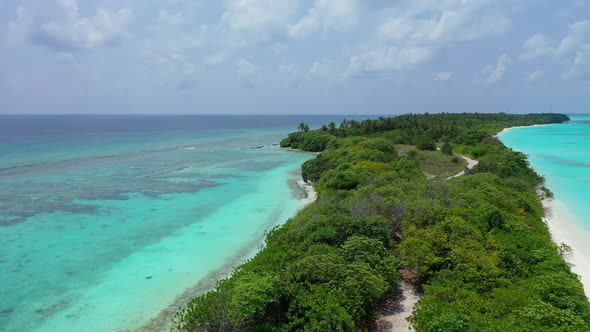 Natural overhead copy space shot of a white sand paradise beach and blue water background in colourf