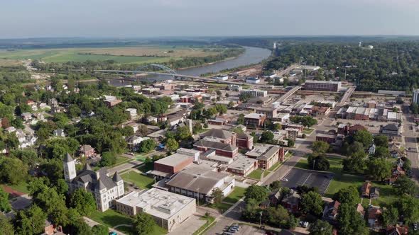 Atchison Kansas Aerial Town and River Slide Right 4K UHD