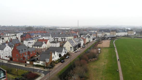Aerial - Residential of Northampton, a cold morning with view above the houses from the sky in Unite