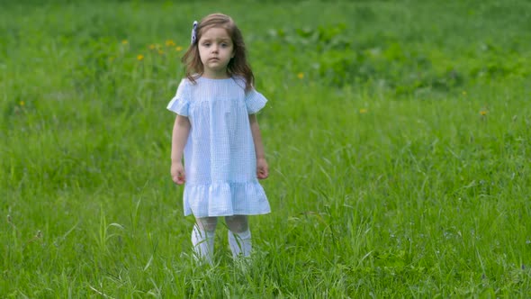 Little Beautiful Girl in a Blue Dress Stands in a Green Field