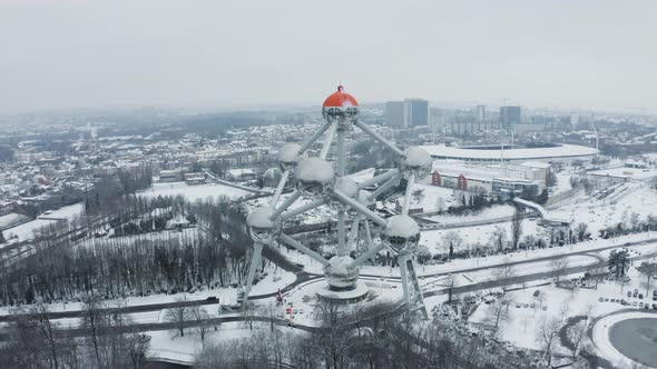 Aerial view of the Atomium in wintertime, Brussel, Belgium.