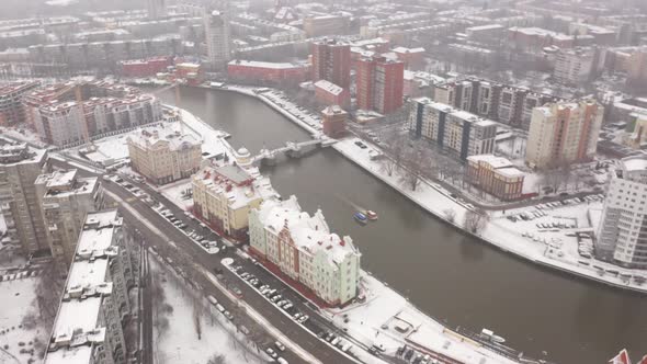 Aerial: The Fishing Village of Kaliningrad, Russia, wintertime