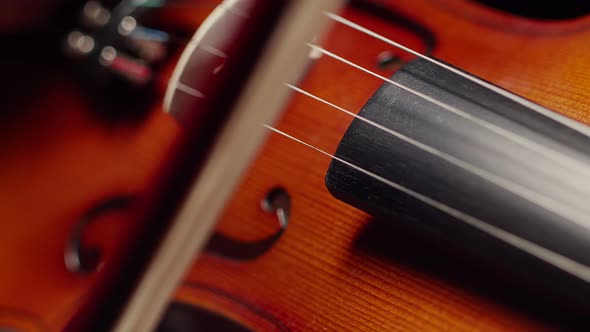 Violinist Puts a Bow on the Strings of the Violin and Prepares to Play Closeup