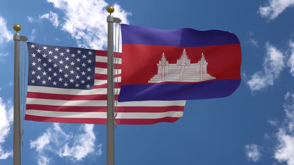 Usa Flag Vs Cambodia Flag On Flagpole