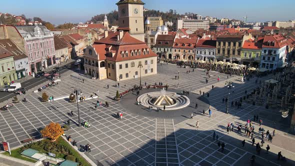 Aerial drone view of The Council Square in Brasov, Romania. Old city centre with County Museum of Hi