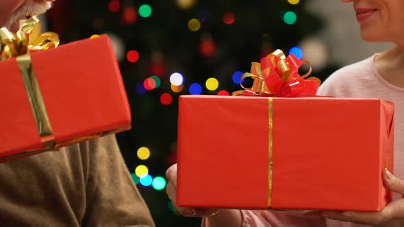 Old Couple Exchanging Gift Boxes at Christmas Pleasant Surprise for Holidays