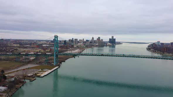 Flying towards the Ambassador Bridge viewing Detroit