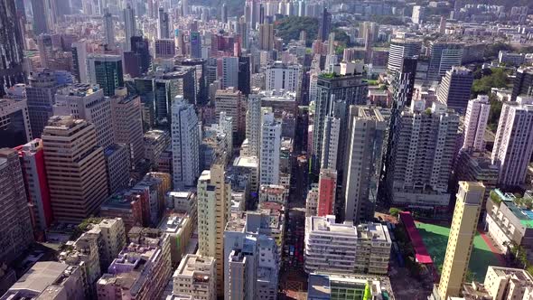 Drone fly over Hong Kong urban city