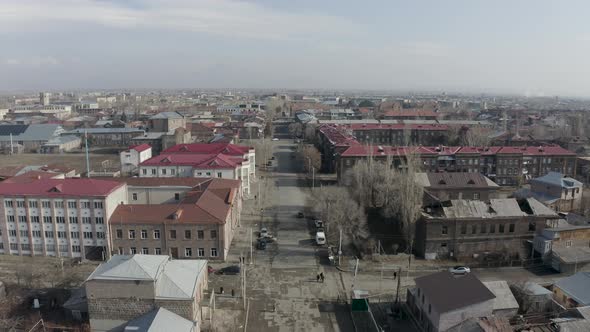 Aerial view buildings in soviet style town.