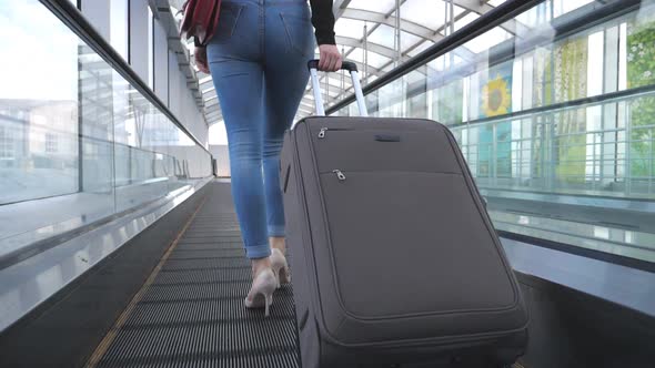 Legs of Business Woman Going Through Hall of Terminal with Her Luggage