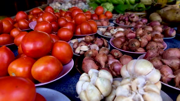 Onions, Garlic And Tomatoes At The Fruit And Vegetable Market On Tropical Island In Timor Leste