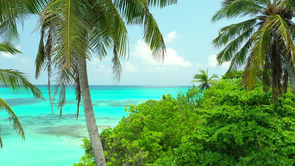 Wide angle drone travel shot of a white sand paradise beach and turquoise sea background in hi res 4